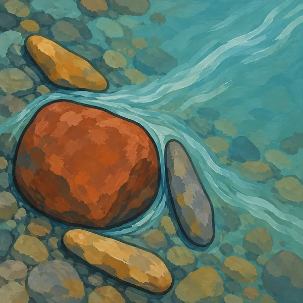 An overhead acrylic-style painting of a large rust-coloured stone among smaller stream pebbles, with pale turquoise currents curving around it and sweeping…