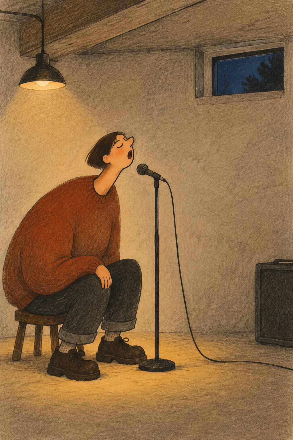 A young person in an oversized rust-red sweater sits on a small stool and sings into a microphone in a warmly lit basement room, with a high blue window…