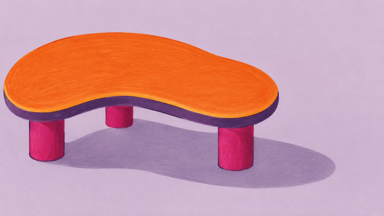 An orange kidney-shaped table with a violet underside and three chunky fuchsia legs sits on a pale lilac ground, casting a long muted-violet shadow to the…