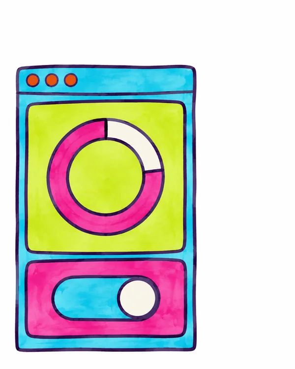 A tall cyan browser window with three orange header dots contains a large chartreuse card with a magenta progress ring and a smaller magenta card with a cyan…