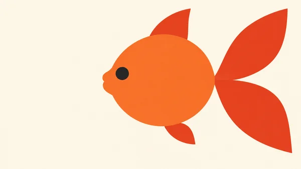 A large left-facing orange goldfish with a round body, dark circular eye, two-lobed red tail, and small upper and lower fins sits against a warm cream…