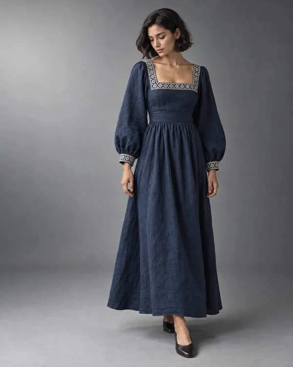 A full-length model with a short dark bob looks down while wearing an ankle-length indigo dress with ivory geometric embroidery at the square neckline and…