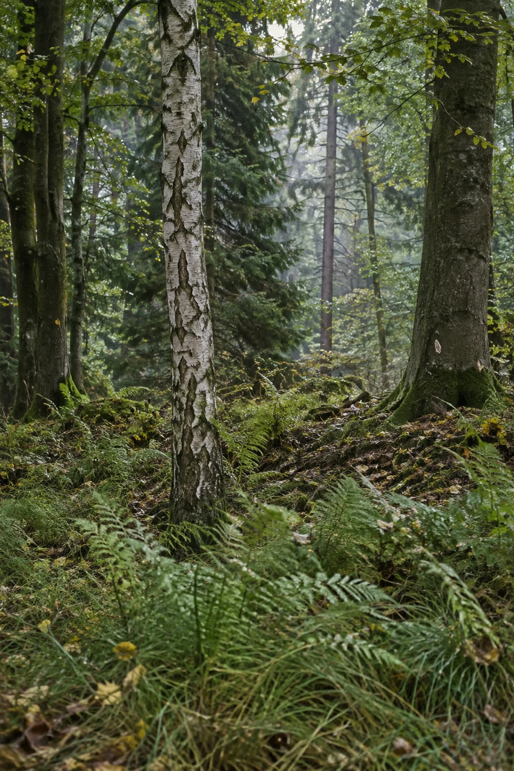 A pale silver birch stands slightly left of centre in a dense woodland glade, surrounded by darker trunks, ferns, grasses and leaf litter, with a hazy…
