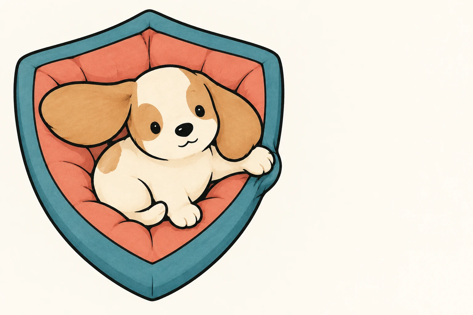 A cream-and-tan puppy with oversized floppy ears nestles in a coral-cushioned, teal-edged shield-shaped pet bed, with one paw resting over the rim and open…