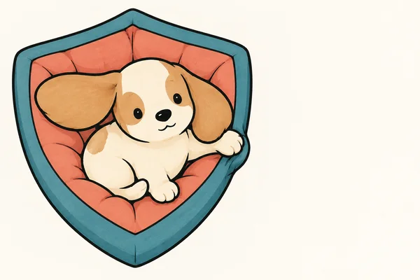 A cream-and-tan puppy with oversized floppy ears nestles in a coral-cushioned, teal-edged shield-shaped pet bed, with one paw resting over the rim and open…