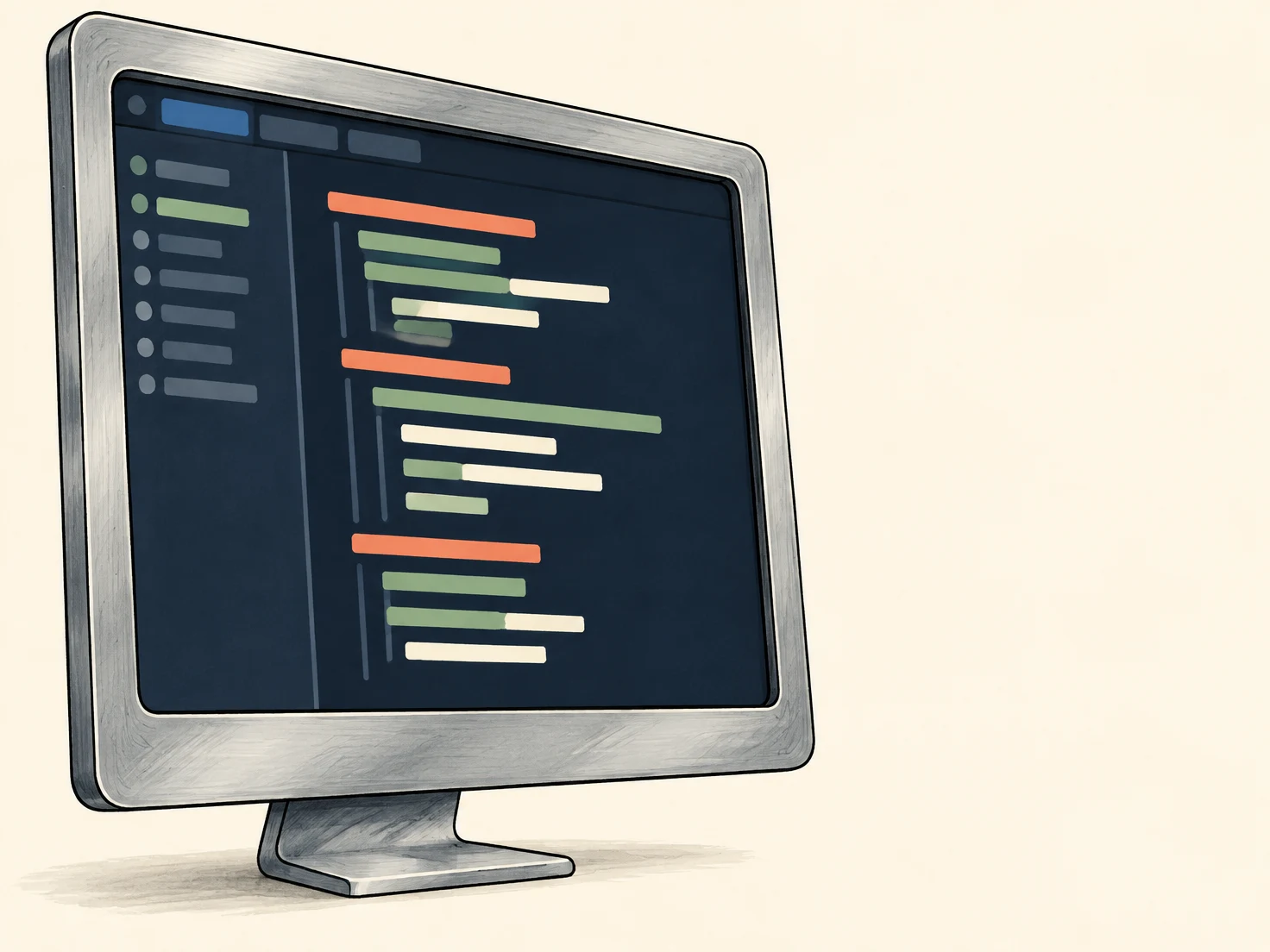 A large, nearly square desktop monitor with a brushed silver bezel and compact stand sits on a warm ivory background.