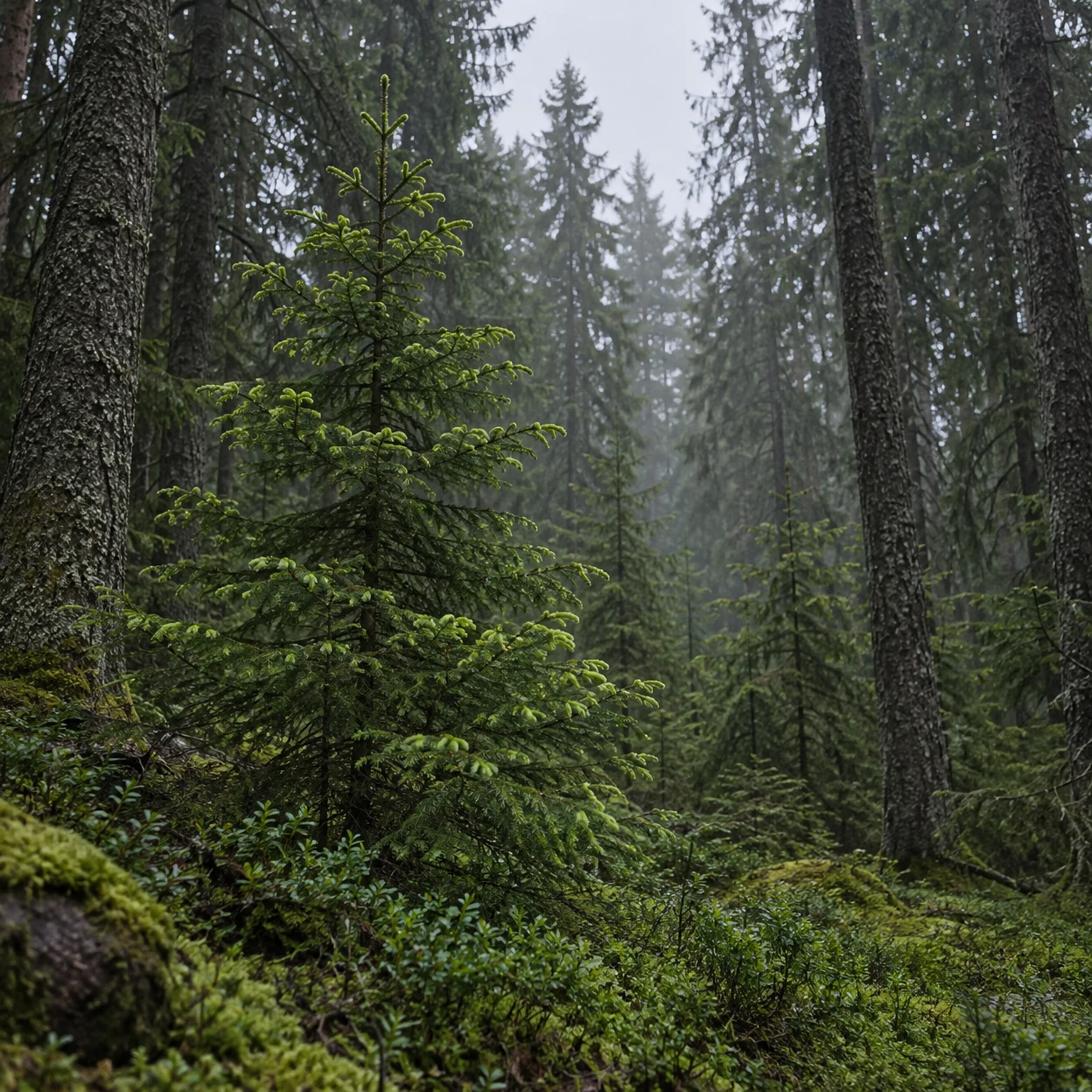 A young spruce with pale-green spring growth stands among moss and bilberry in a misty boreal forest, framed by darker mature trunks beneath a small opening of…