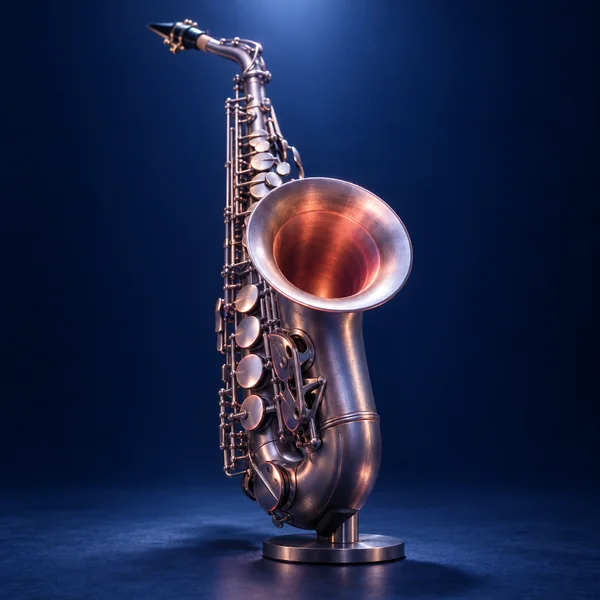 A metallic alto saxophone rests upright on a round machined-metal stand against a deep blue studio background, with its large coral-lit bell facing the camera…