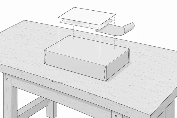 A monochrome line illustration shows a plain rectangular carton on a wooden workbench, with a blank label face, dotted adhesive layer, curled release liner…