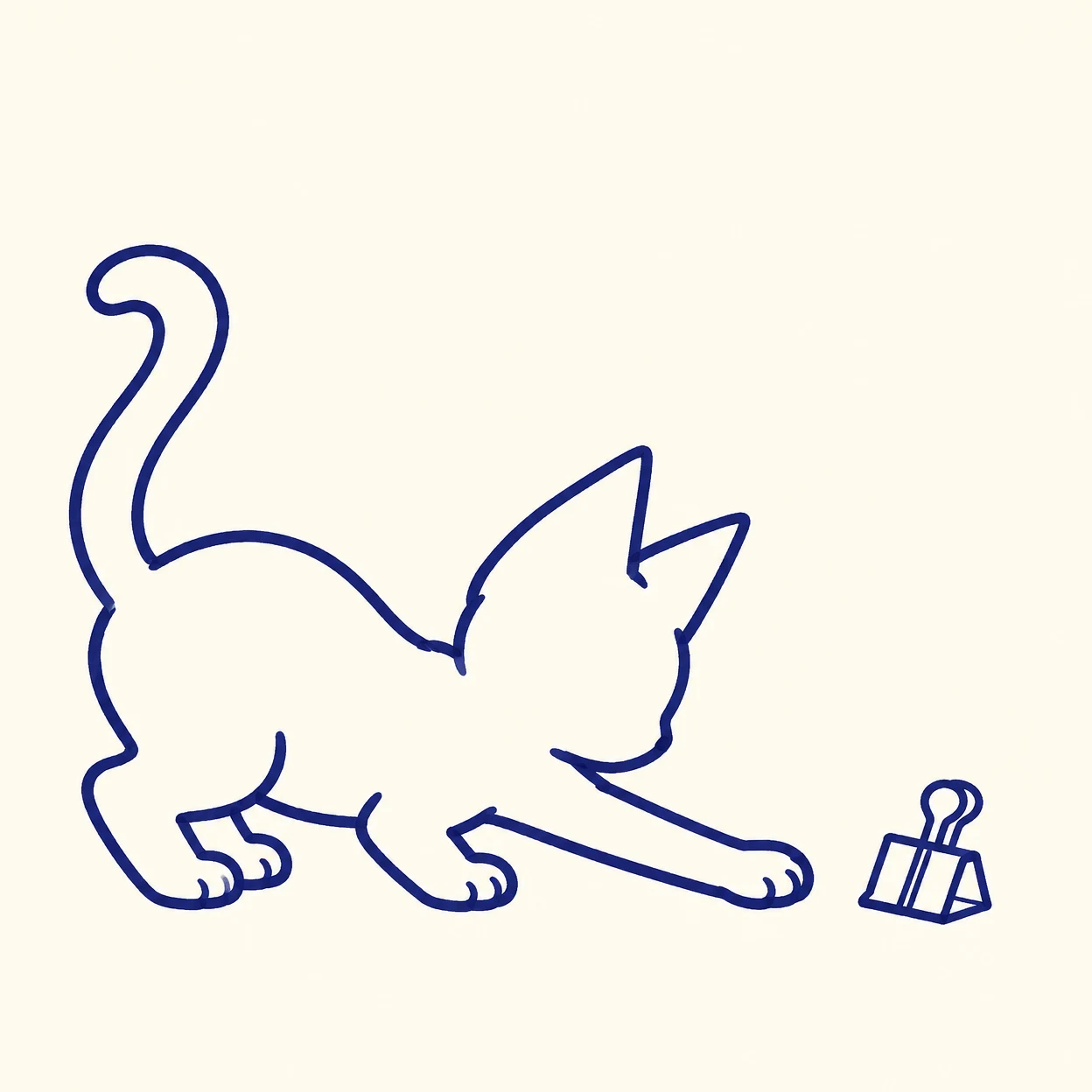 A dark-indigo outline drawing of a crouching kitten in side profile, facing a small binder clip on a warm ivory background.