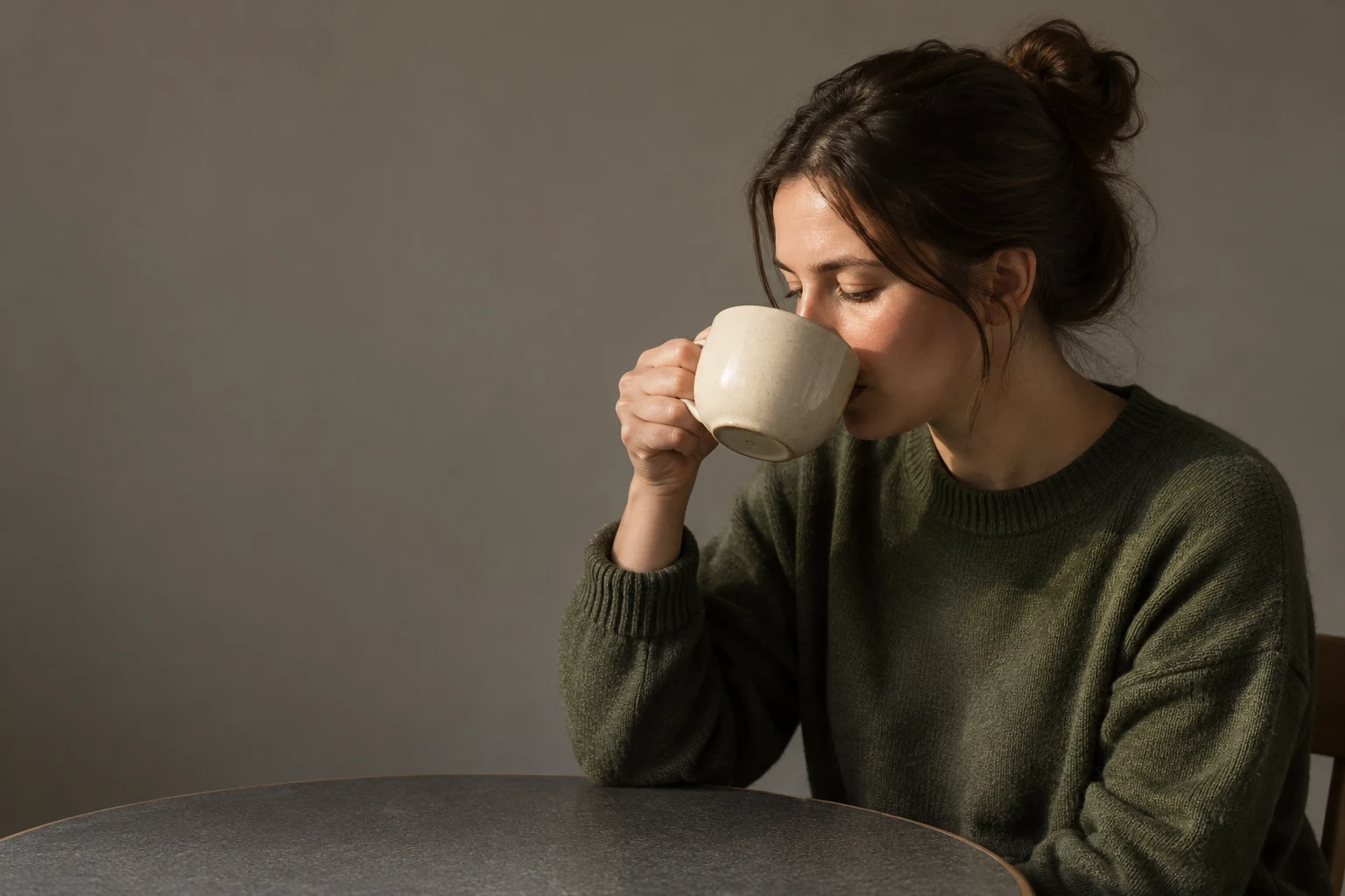 A woman in profile drinks from a cream ceramic cup while seated at a round dark café table, wearing a moss-green sweater against a warm-grey background with…