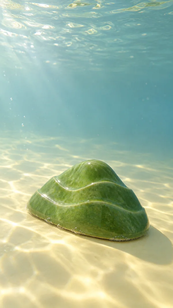 A glossy green, hill-shaped ceramic object with curved contour grooves rests on a pale yellow underwater floor, with rippling light patterns and a large area…