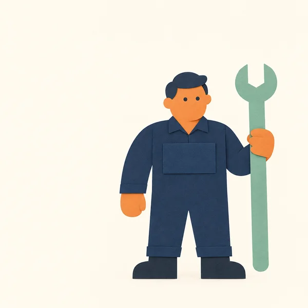 A paper-cut style mechanic in navy coveralls stands against a warm ivory background, holding an oversized mint-green open-end wrench upright beside him.