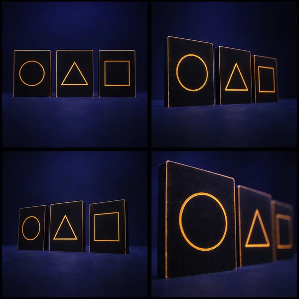 A four-panel contact sheet shows three upright black cards bearing glowing orange circle, triangle, and square outlines against a dark indigo surface, with…