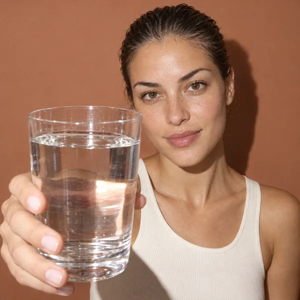 A woman with slicked-back dark hair and a cream sleeveless top holds a large clear tumbler of water toward the camera against a warm terracotta backdrop.