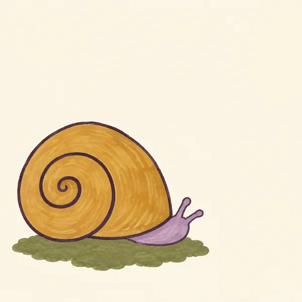 A hand-drawn illustration of a lavender snail with a large ochre spiral shell resting on a scalloped olive-green moss patch against a warm cream background.
