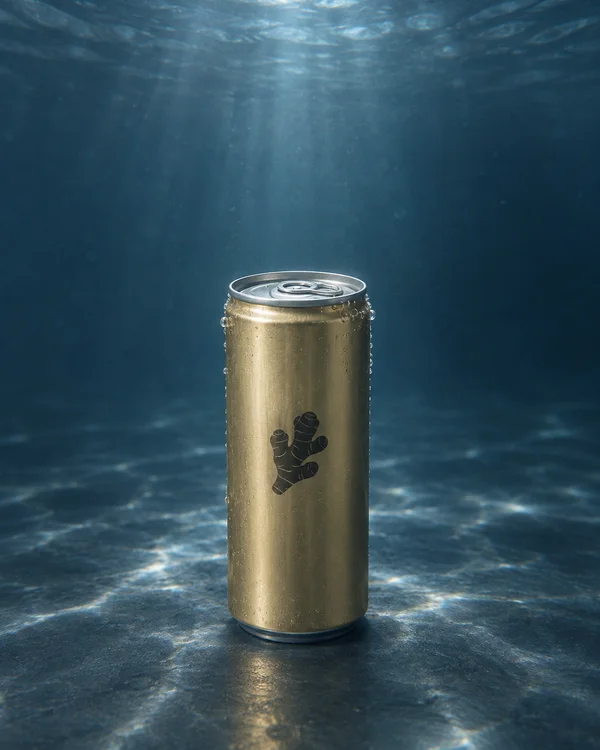 A slim champagne-gold can with a dark ginger-root pictogram stands upright on a blue textured floor underwater, with bubbles clinging to its sides and light…
