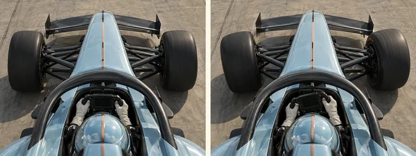 An overhead two-panel view of a pale blue open-wheel race car with a copper center stripe and a helmeted driver in ivory gloves, separated by a narrow light…
