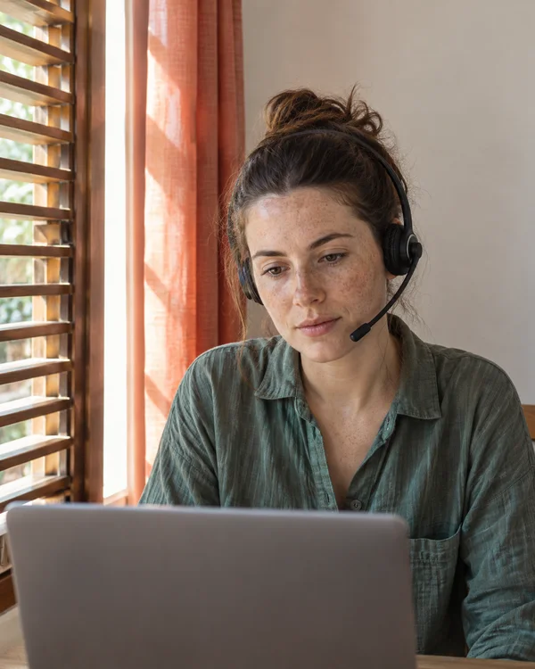 A freckled woman wearing a boom-microphone headset looks down toward an open laptop at a home desk beside a window with wooden horizontal shutters and a coral…