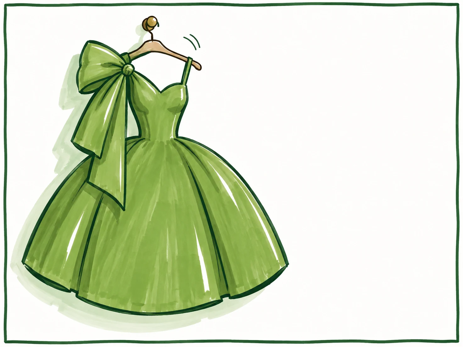 A large green evening gown with an oversized asymmetric bow and a wide bell-shaped skirt hangs from a wooden hanger on a small wall peg.
