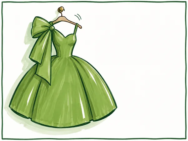 A large green evening gown with an oversized asymmetric bow and a wide bell-shaped skirt hangs from a wooden hanger on a small wall peg.