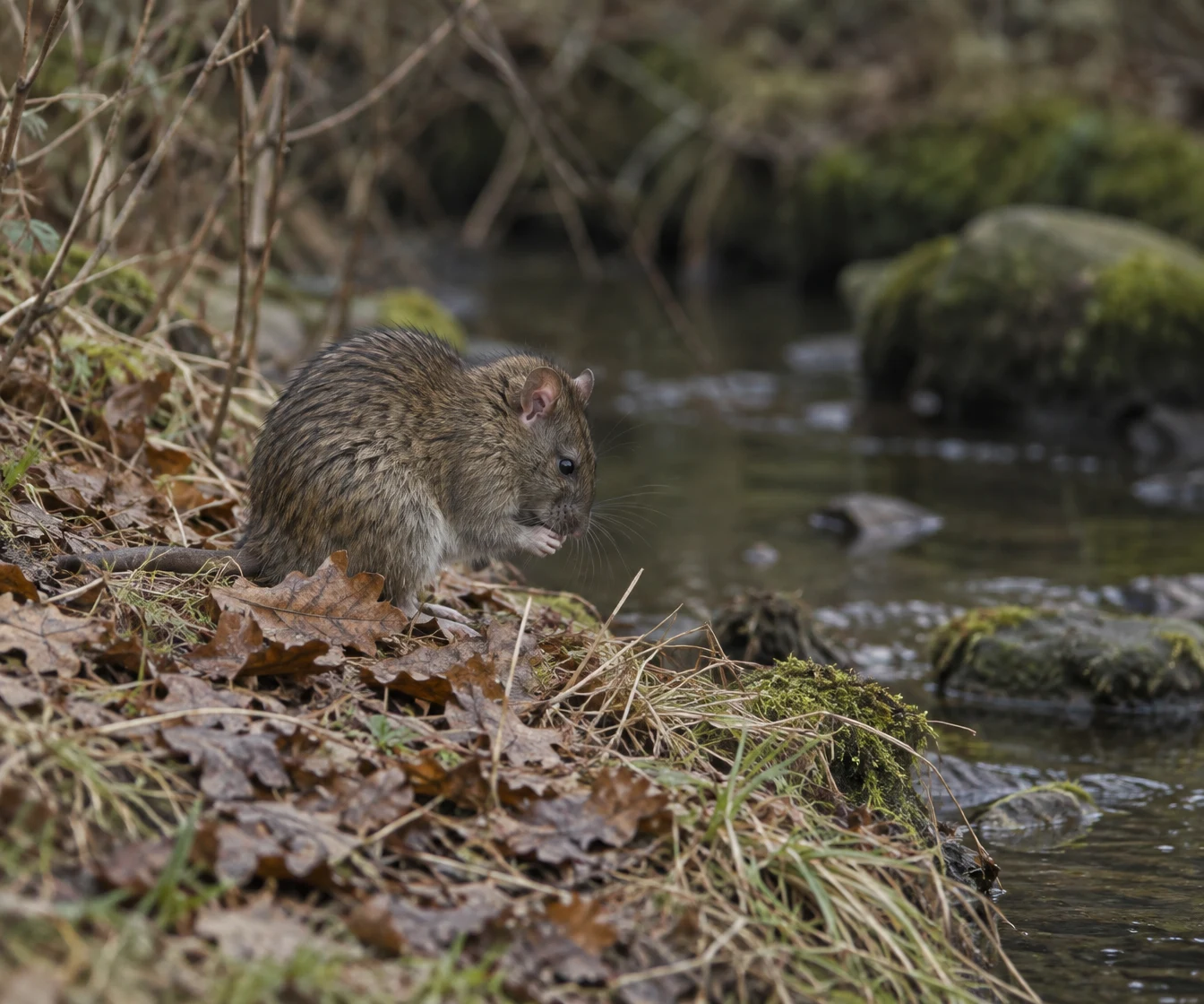 A brown rat sits on a leaf-covered bank beside a narrow woodland stream, grooming a forepaw.