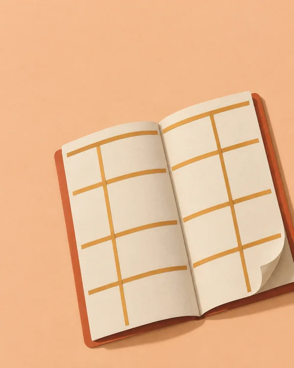 An open cream ledger with an ochre grid and terracotta cover rests diagonally on a pale apricot background; the lower-right page corner curls upward, with…