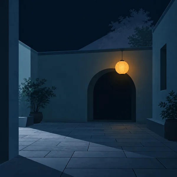 A glowing ribbed amber lantern hangs above a dark semicircular arch in a blue stone courtyard, with potted plants at the sides and a cool wedge of light…