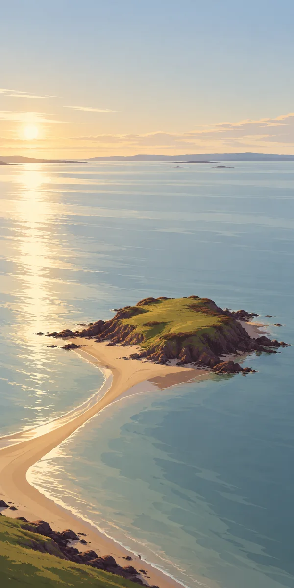A rocky, grass-topped island sits in calm blue water, connected to a sandy shore by a curved causeway; low sunlight casts a bright reflection across the water…