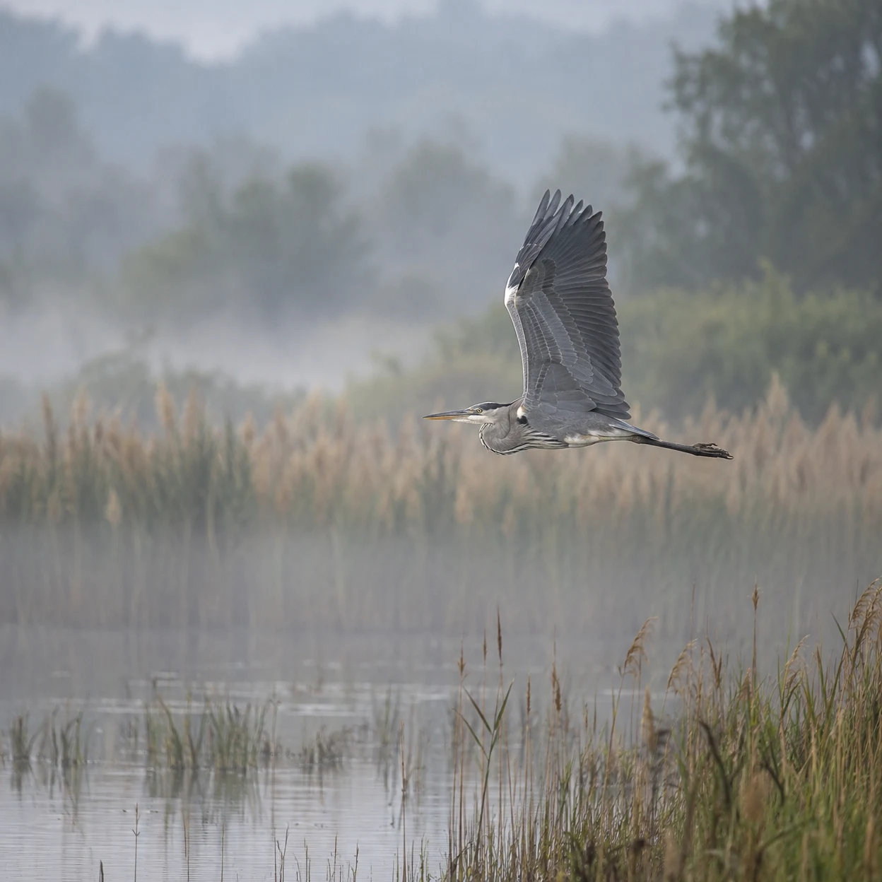 A grey heron flies low over a misty wetland, its neck folded back and legs trailing behind.