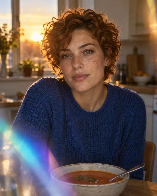 A freckled adult with short copper curls and a cobalt knit sweater sits at a kitchen table, looking toward the camera.