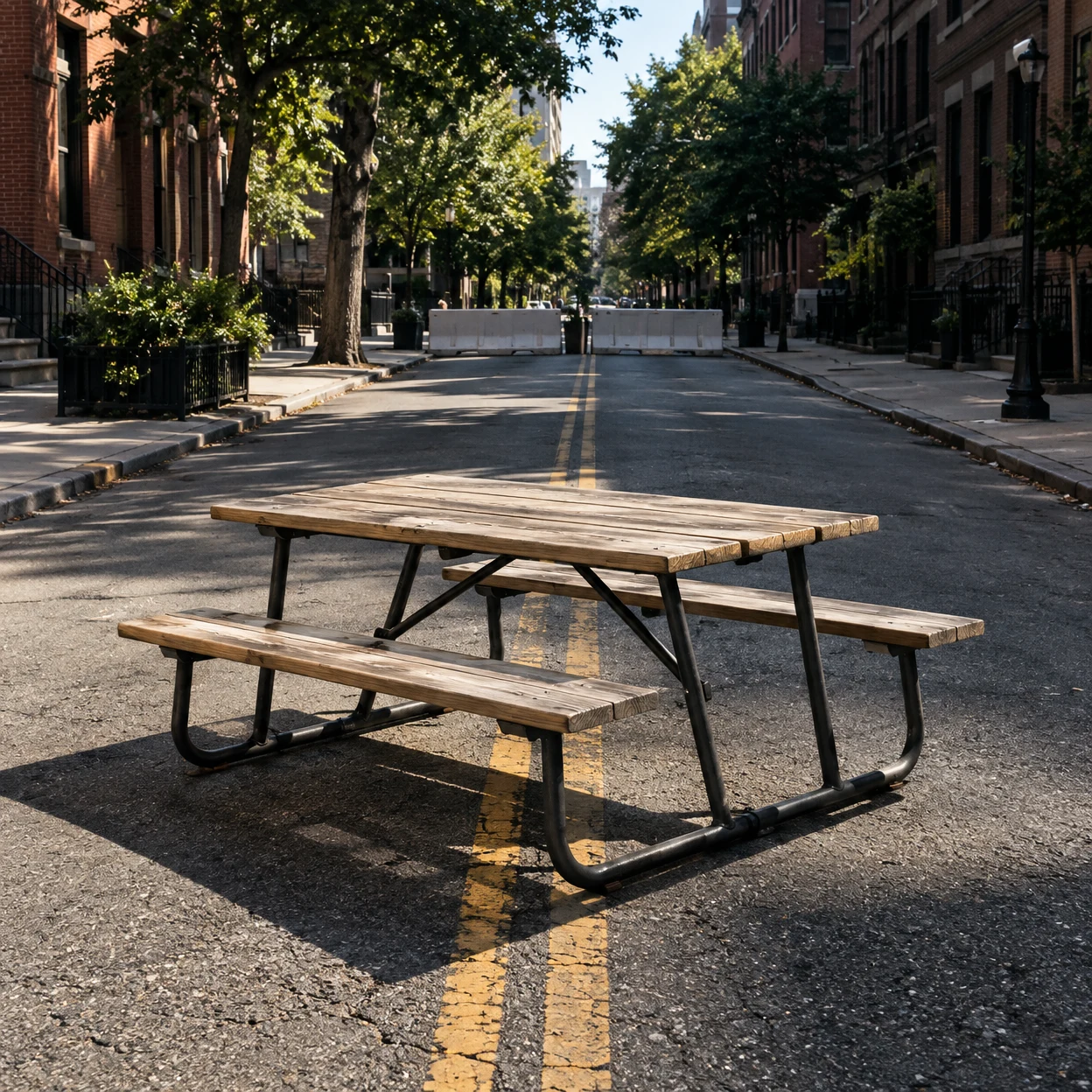 An empty weathered wooden picnic table with attached benches stands across the double-yellow centerline of a tree-lined urban street, with white barriers at…