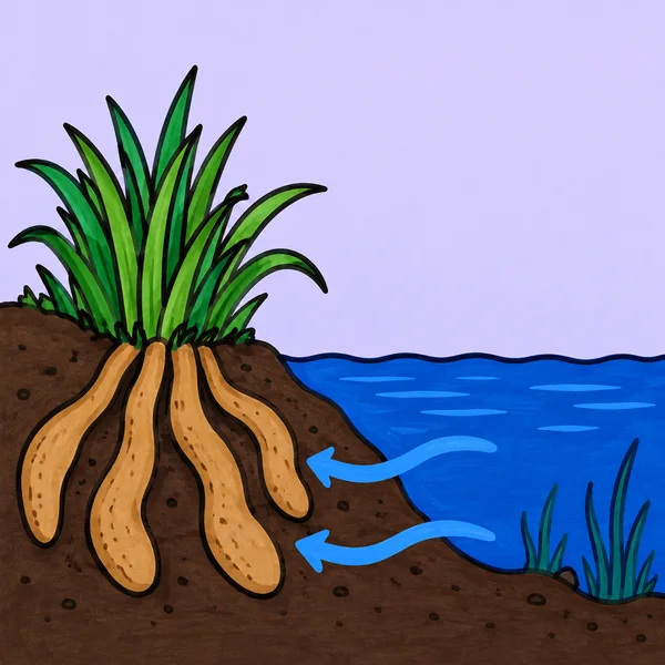 A hand-drawn cutaway of a wetland bank, with a tall green sedge tuft above five golden-brown roots in dark soil beside a blue pool.