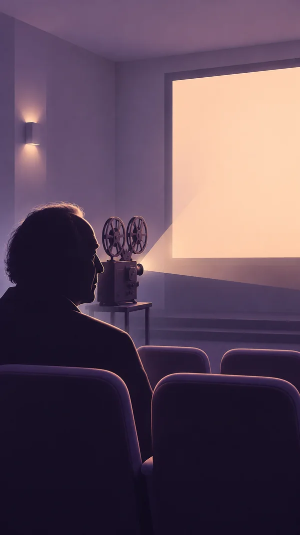 A dark profile of an older man seated in a lavender cinema faces a large blank peach screen, with a twin-reel projector on a narrow stand and rows of empty…