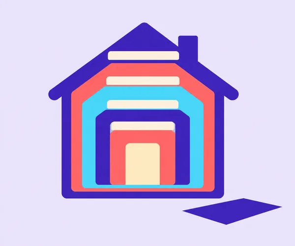 A large house-shaped illustration made from nested violet, coral, cyan and cream bands sits on a pale lavender background, with a detached violet polygon at…