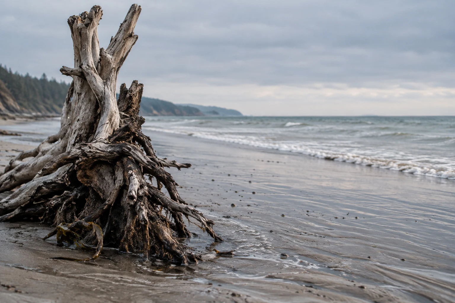 A weathered driftwood root rises from wet rippled sand in the foreground of a quiet beach, with a small strand of kelp at its base, a thin line of surf, and a…