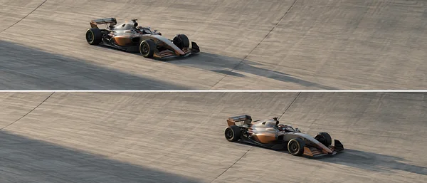 Two views of a pearl-grey and copper open-wheel racing car crossing pale concrete banking, shown in stacked panels with the car farther left in the upper view…