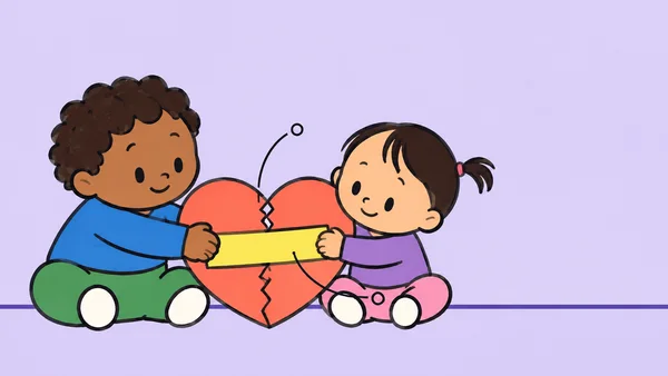 Two seated toddlers hold a broad yellow tape patch across the jagged tear in a large coral heart, against a pale lavender background with a violet floor line…