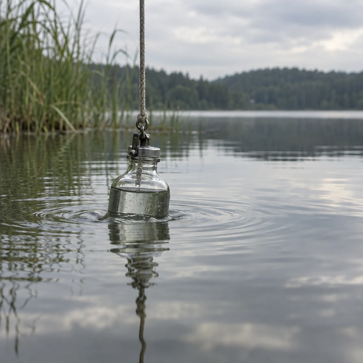 A clear glass bottle with a metal fitting hangs from a rope, partly submerged in a calm lake.