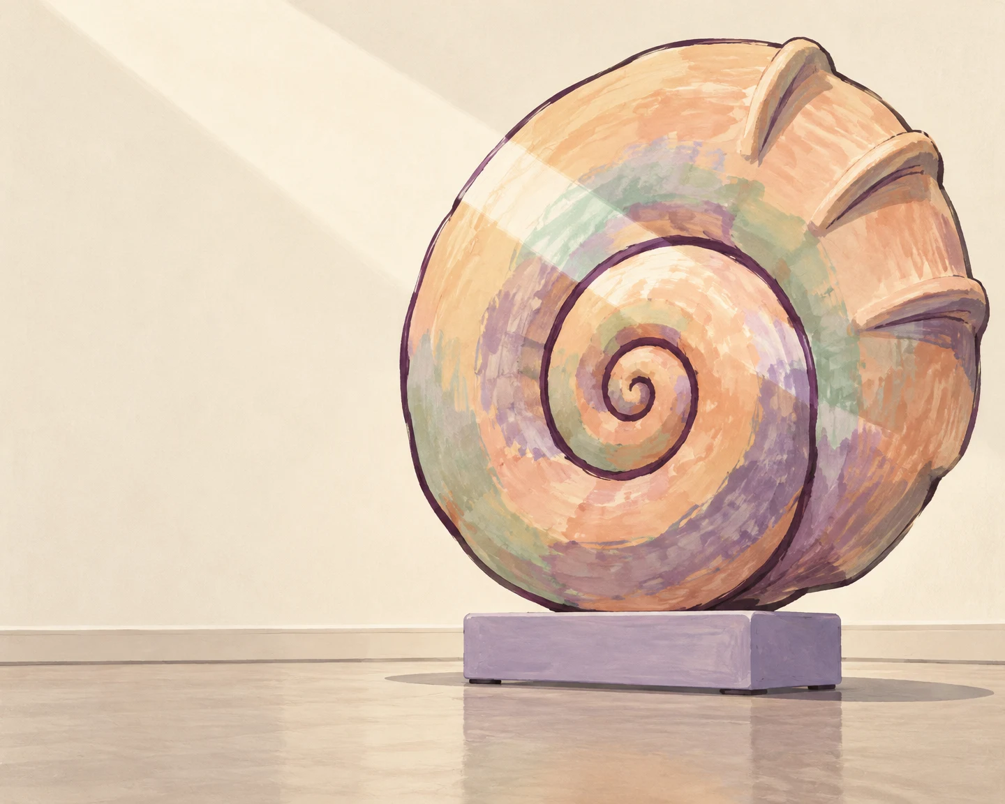 An oversized peach, mint and lavender spiral ammonite sculpture stands on a lavender plinth in a warm ivory gallery, with a diagonal band of light and a shadow…