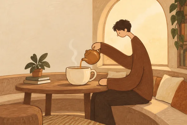 A dark-haired person in a brown outfit pours tea from a small caramel teapot into a large cream cup at a low table in a warm, arched-window nook.