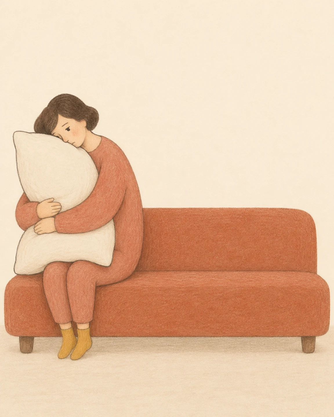 A hand-drawn figure in muted coral clothing hugs an oversized cream pillow on the far left of a broad terracotta bench, resting their cheek on its corner; the…