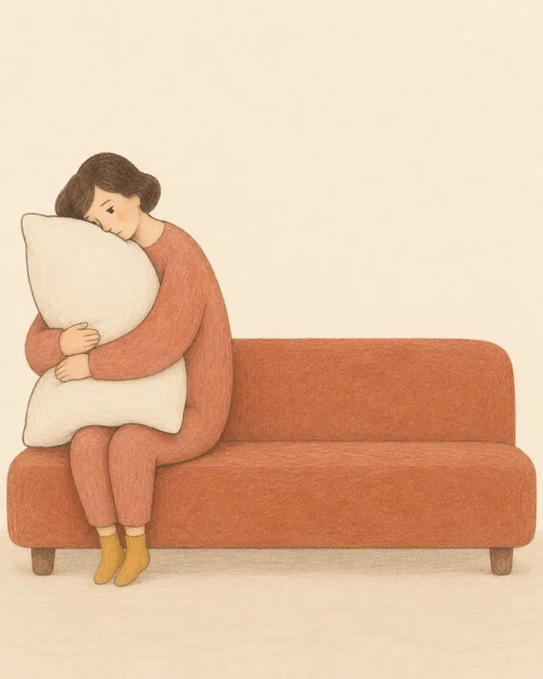 A hand-drawn figure in muted coral clothing hugs an oversized cream pillow on the far left of a broad terracotta bench, resting their cheek on its corner; the…
