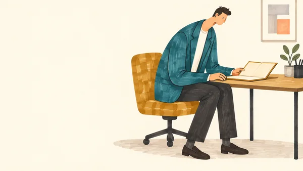 A short-haired person in a teal blazer leans over an open blank folder at a wooden desk, seated on an ochre swivel chair.