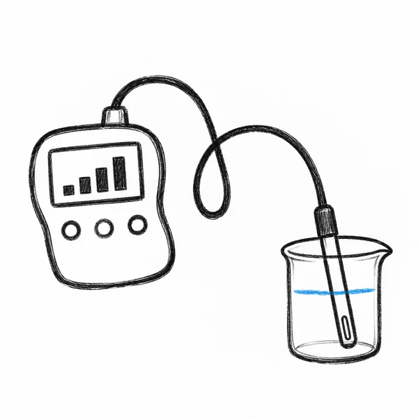A hand-drawn illustration of a wide handheld water-quality meter connected by a looping cable to a probe in a transparent beaker, with a blue waterline.