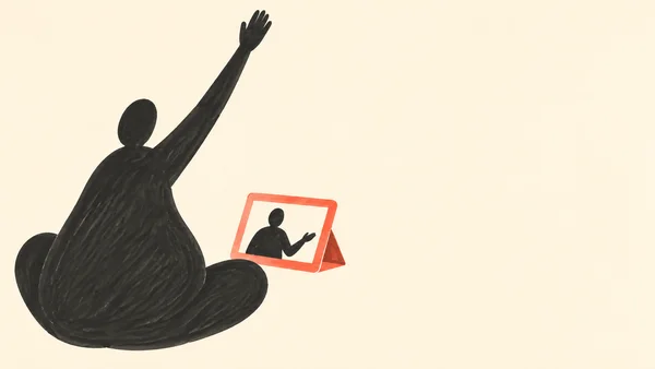 A charcoal marker silhouette of an adult seated cross-legged on a warm cream ground, raising one long arm beside a coral tablet on a folding stand.