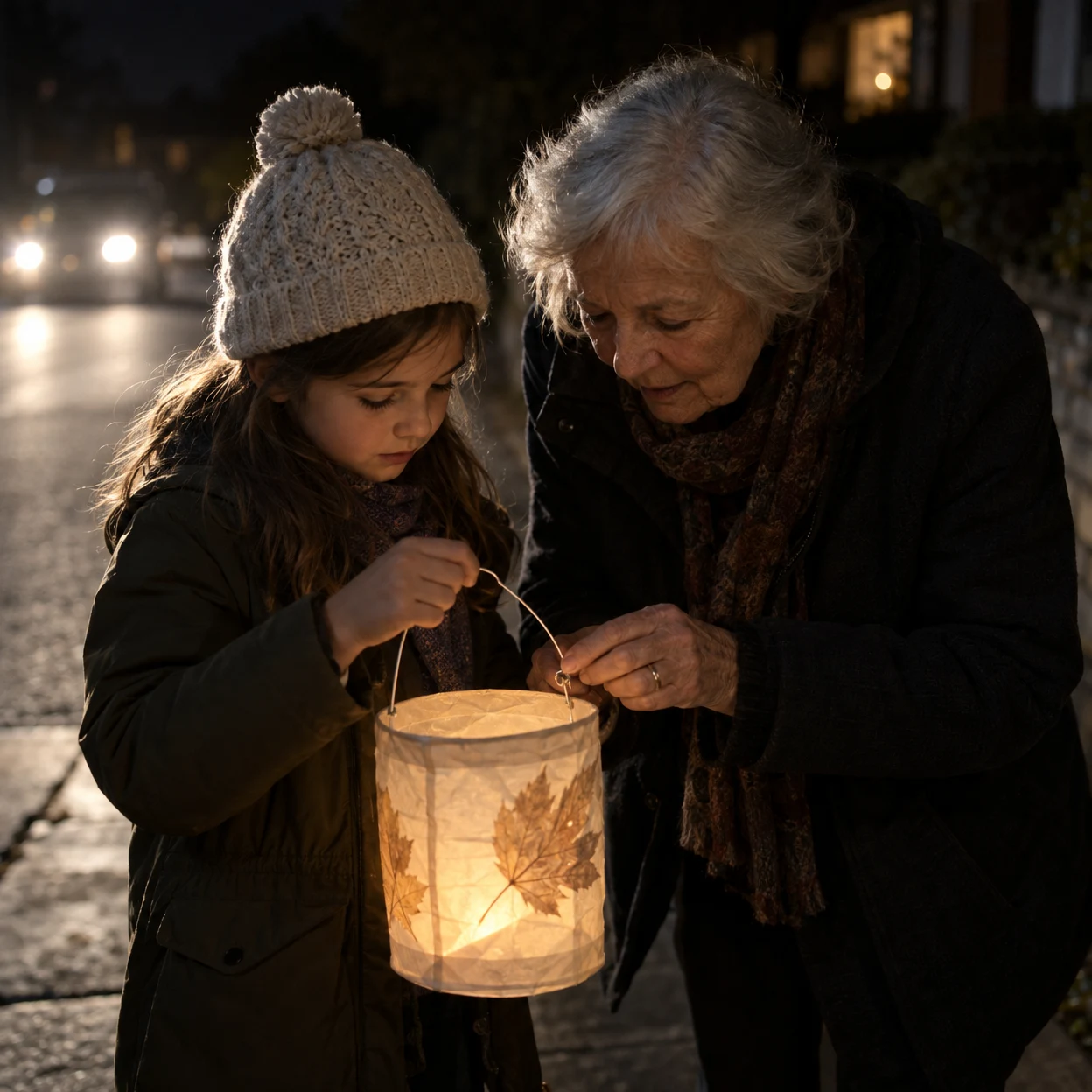 An elderly woman and a child in winter clothing lean over a glowing paper lantern on a quiet street at night, examining its wire handle as car headlights shine…