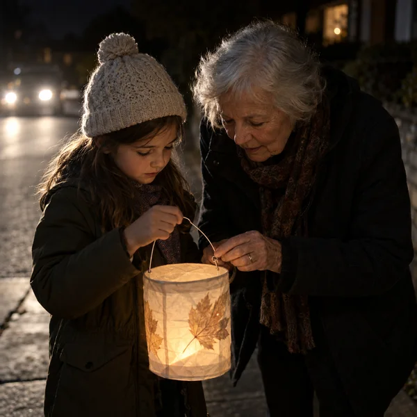 An elderly woman and a child in winter clothing lean over a glowing paper lantern on a quiet street at night, examining its wire handle as car headlights shine…