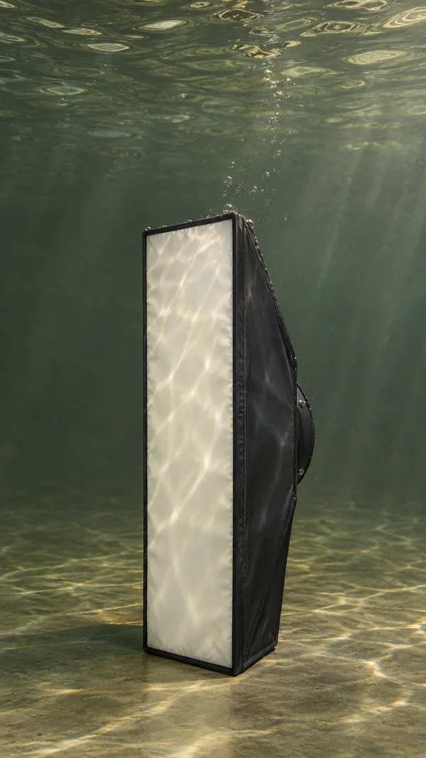A tall rectangular softbox stands upright on an olive-colored floor underwater, showing its ivory front diffuser and black tapered side; rippled light patterns…
