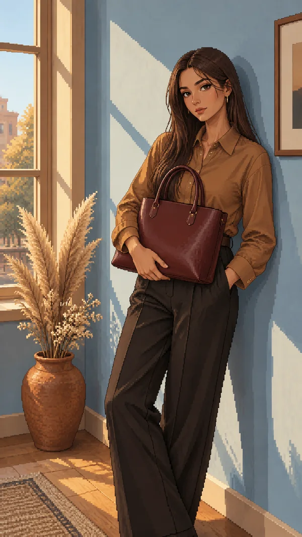 A woman in a caramel button-front shirt and dark trousers leans against a pale-blue wall, holding a deep-burgundy tote.